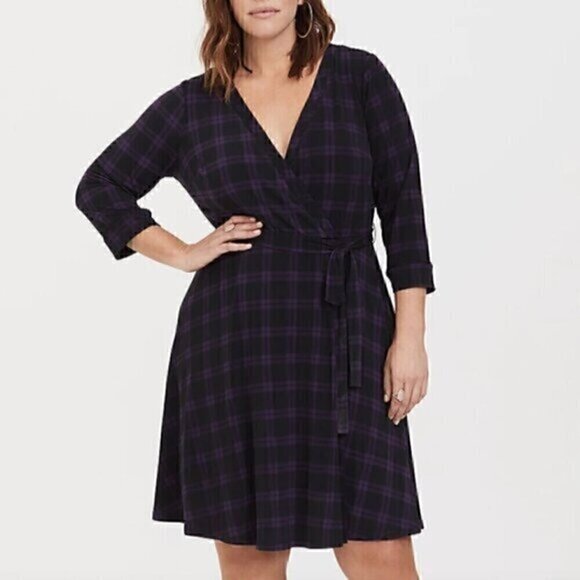 TORRID 2 Plus Size Purple Plaid Studio Wrap Dress Black Surplice 3/4 Sleeve 2X - Picture 1 of 16